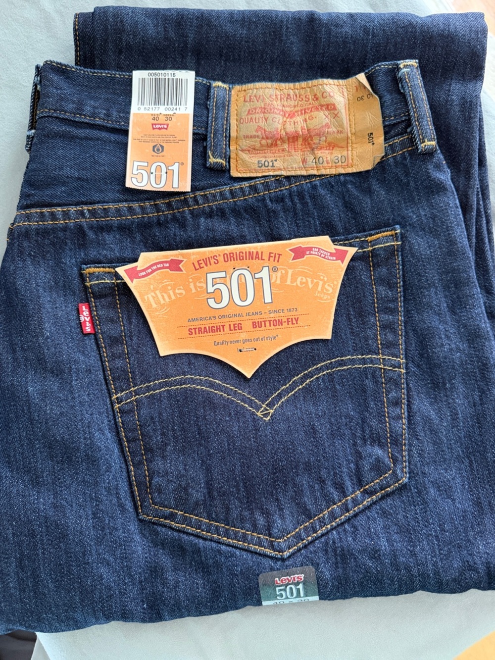 Levi's 501 Men’s Straight Leg Jeans - Dark Blue Denim with Gold Stitching
